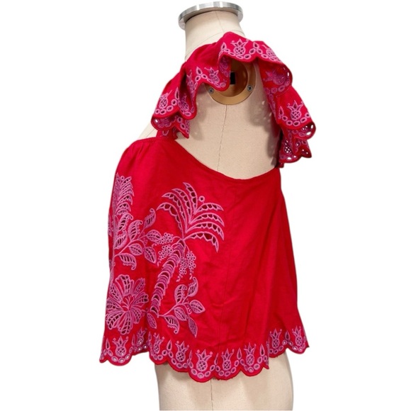 Farm Rio Palm Tree Richelieu Flutter-Sleeve Eyelet Embroidered Top Size Small - Picture 4 of 11